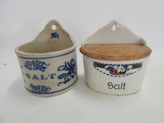 TWO SALT BOXES: ONE WITH A WOODEN LID. SMALL CHIPS.