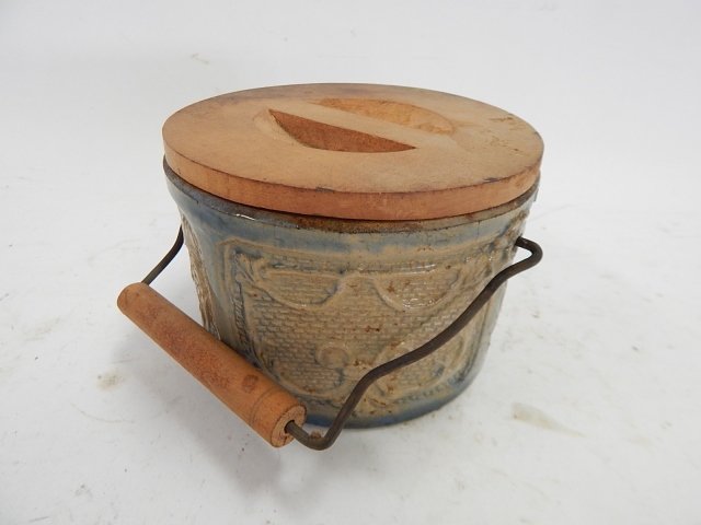 BUTTER CROCK WITH WOODEN LID: NO MARKS. 4" TALL.
