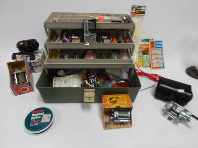 LARGE LOT OF FISHING TACKLE WITH BOX: LURES, REELS, AND MORE!