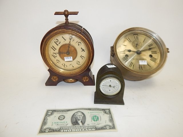 2 CLOCKS WITH BAROMETER: SETH THOMAS, TALLEST IS 9".