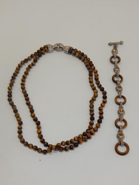 STERLING SILVER BEADED NECKLACE & BRACELET: JUDITH RIPKA, MARKED 925 TIGER EYE STONES