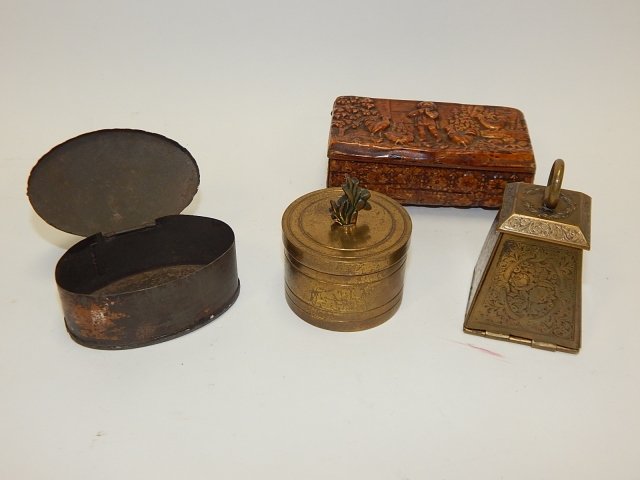 LOT OF POSTAGE AND SNUFF BOXES: TALLEST IS 2". BRASS AND TIN, BIRCHWOOD CARVED SNUFF BOX.