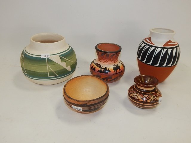 FIVE SOUTHWESTERN POTTERY PIECES: TALLEST IS 6". JOHANNA MATARRITA, L TOYA,
