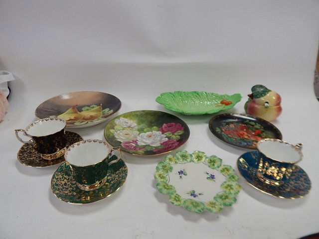 LOT OF HAND PAINTED DISHES: ELIZABETHAN FINE BONE CUP AND SAUCERS. CARLTON WARE, UMOGED FRANCE PLUS MORE. LONGEST IS 12 AND 1/4", LARGEST PLATE IS 10" ROUND