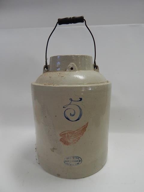 5 GALLON REDWING CROCK: 15 AND 1/2" TALL. CRACKS AND CHIPS