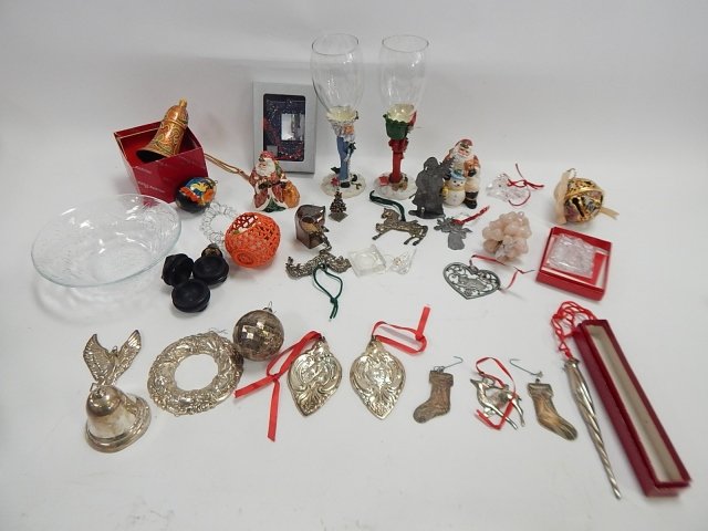 COLLECTION OF CHRISTMAS ITEMS: GORHAM & WALLACE ORNAMENTS, BOTTOM ROW OF ORNAMENTS ARE STERLING SILVER.