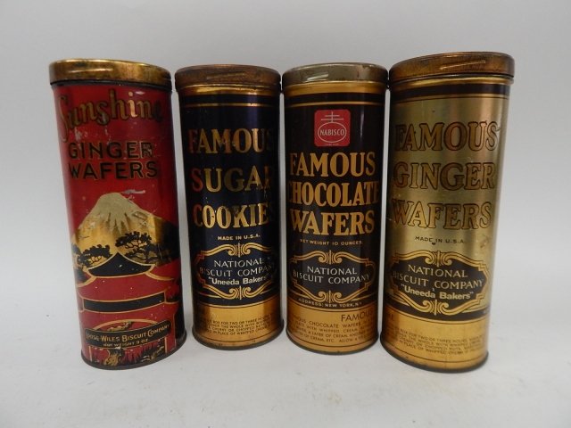 FOUR COOKIE TINS: 8 AND 1/2" TALL