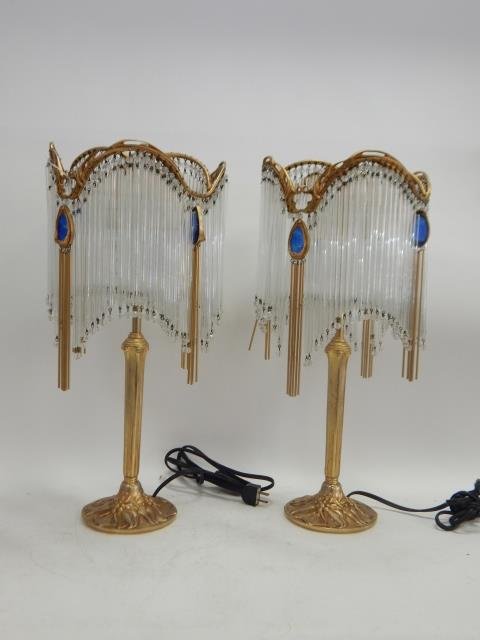PAIR FRENCH BRONZE LAMPS WITH STRAW PRISMS: 21 INCHES TALL , PRISMS ARE COMPLETE