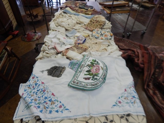 LOT OF LINENS: TABLECLOTHS, HANKIES, TAPESTRIES, AND MORE