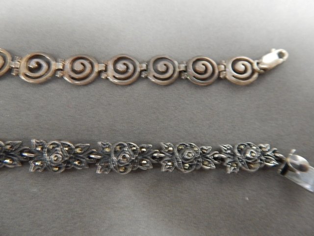 2 BRACELETS STERLING MARCASITE: BOTH 7 INCHES FASTENED, CLAW FASTENING ON LINK BRACELET