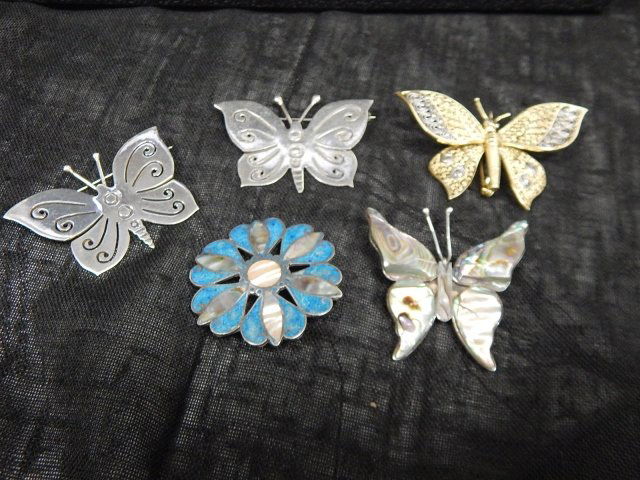 5 STERLING PINS BUTTERFLIES AND FLOWER (1 of 5)
