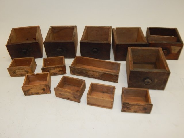 LOT OF SEWING BOX DRAWERS: DIFFERENT SIZES. MOST COMMON LARGER ONES ARE 4 AND 1/2" BY 2, AND SMALLER ONES ARE 1/2" AND 2" BY 1 AND 1/2"