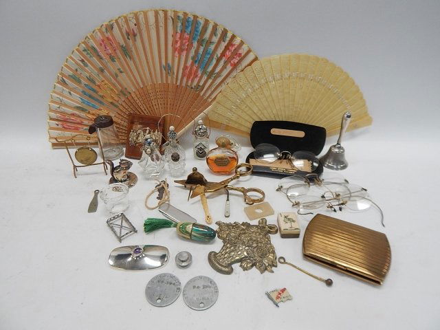 LOT OF MISC. COLLECTABLES: ORIENTAL FANS, PERFUME BOTTLES, OLD GLASSES, CIGARETTE CASE, SCISSORS, TRAVEL SEWING BOX, PLUS MORE