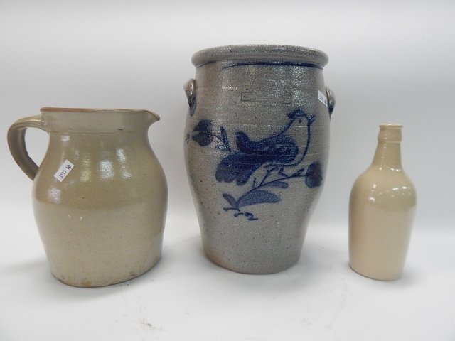 THREE PIECES OF STONEWARE: COVERED JAR WITH BIRD IS NOT OLD