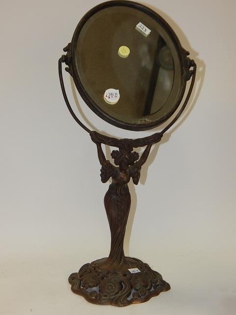 FIGURAL MIRROR WITH LADY: 21.5 INCHES TALL NICE PATINA