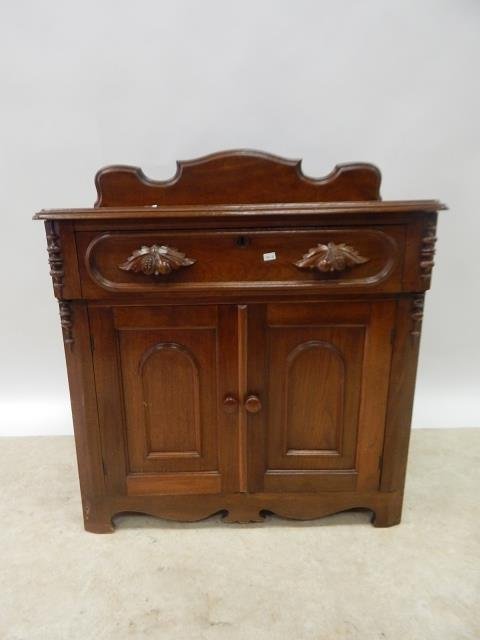 WALNUT COMMODE: CLEAN FINISH. 31" LONG, 34 AND 1/2" TALL, 16 AND 1/2" WIDE.