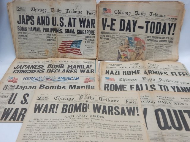 COLLECTION OF WWII NEWSPAPERS: TEARS, RIPPED COVER PAGE, AND FRAYED EDGES. TEARS AND FRAYED EDGES. CHICAGO DAILY TRIBUNE AND HERALD AMERICA. EARLY 1940'S. "JAPS AND US AT WAR", "V-E DAY-TODAY", "JAPANESE BOMB MANILA, CONGRESS DECLA