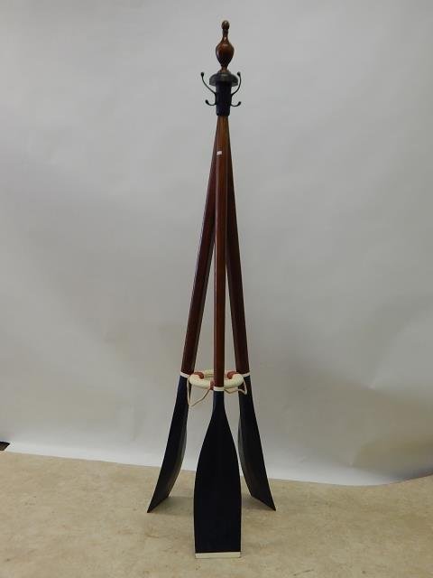 OAR COAT RACK: 86 AND 1/2" TALL. REPRODUCTION. GOOD CONDITION