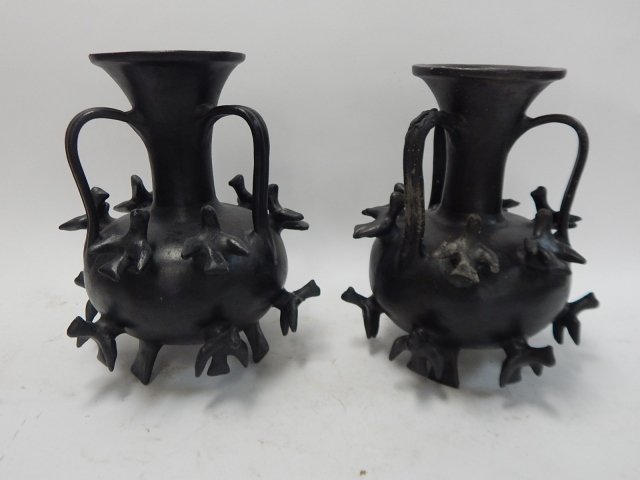 TWO MEXICAN POTTERY VASES AS IS: REPAIRS TO HANDLE AND BIRDS MADE. 12 AND 1/2" TALL.