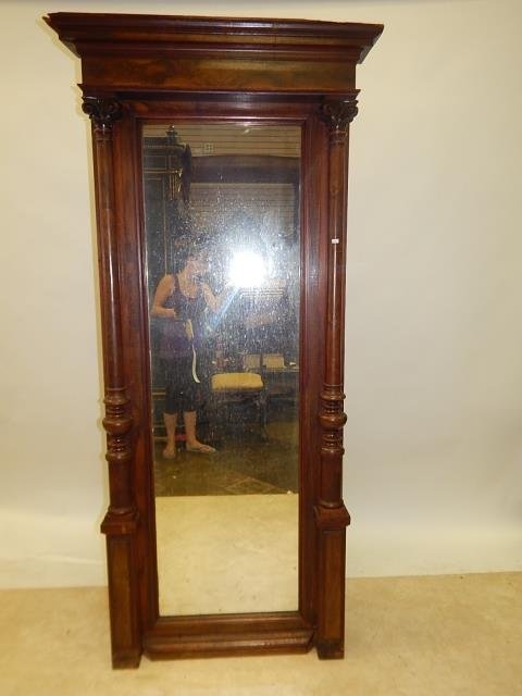 PIER MIRROR: 82 AND 1/2" BY 32". CHIPPED TRIM ON TOP FRONT AND SIDES. MISSING TRIM PARTS ON BOTTOM