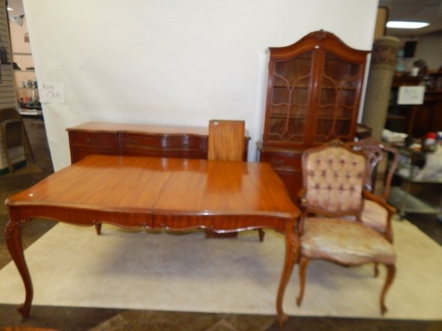 NINE PIECE FRENCH DINING ROOM SET: WITH 6 CHAIRS, SCUFFS AND SCRATCHES, TABLE TOP IS GOOD, THREE LEAVES, CHAIRS FINISH AND UPOLSTRY IS BAD, OVERALL GOOD CONDITION. MEASUREMENTS AVAIL UPON REQUEST