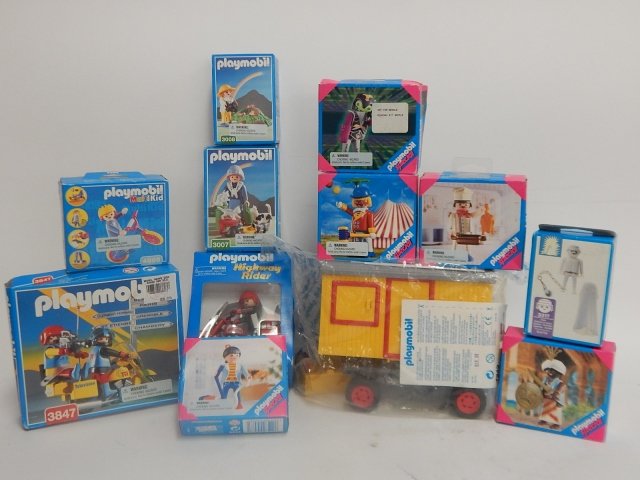 12 PLAYMOBIL SETS: INCLUDES TRAIN CAR, HIGHWAY RIDER, MOBIL NEW CREWS, GIRL WITH CAT AND KITTENS, GIRL WITH BIKE, AND MUCH MORE.