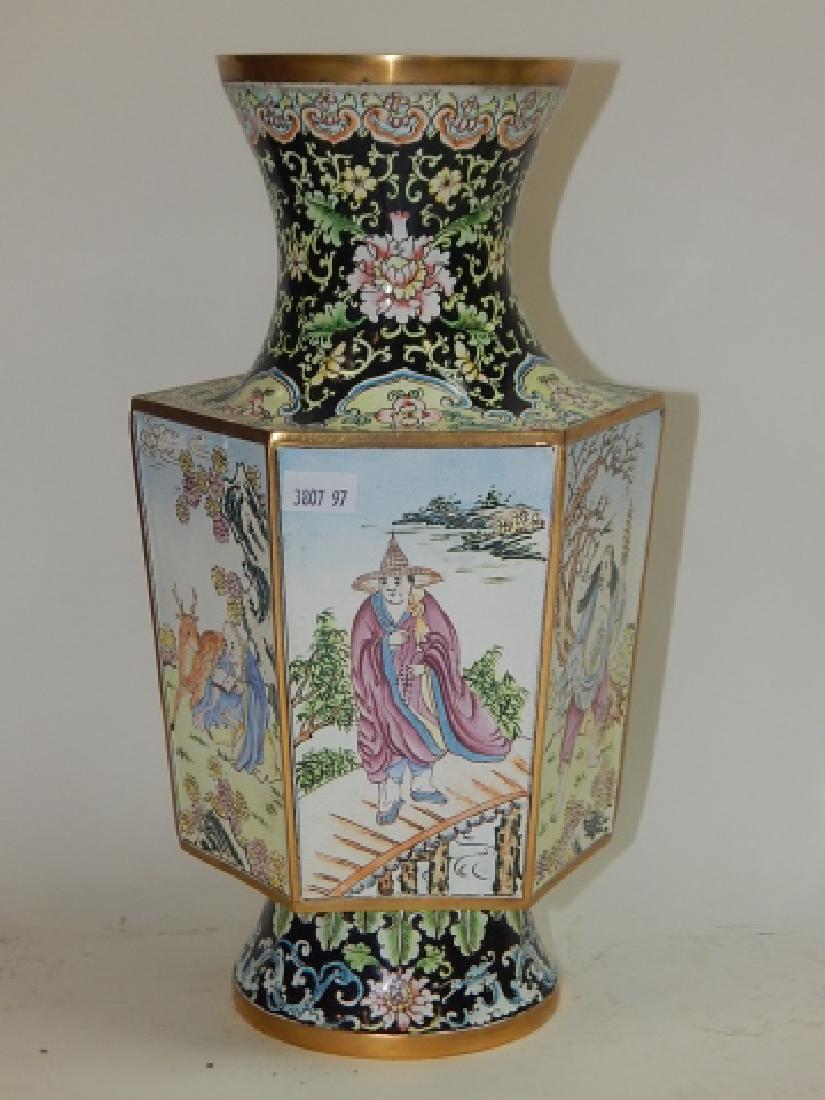 CHINESE ENAMEL WARE DECORATED VASE: 12" TALL. BEAUTIFULLY DECORATED ENAMEL WARE WITH CHINESE WISE MEN. GOOD CONDITION. VERY NICE ENAMEL AND BRASS TRIM VASE