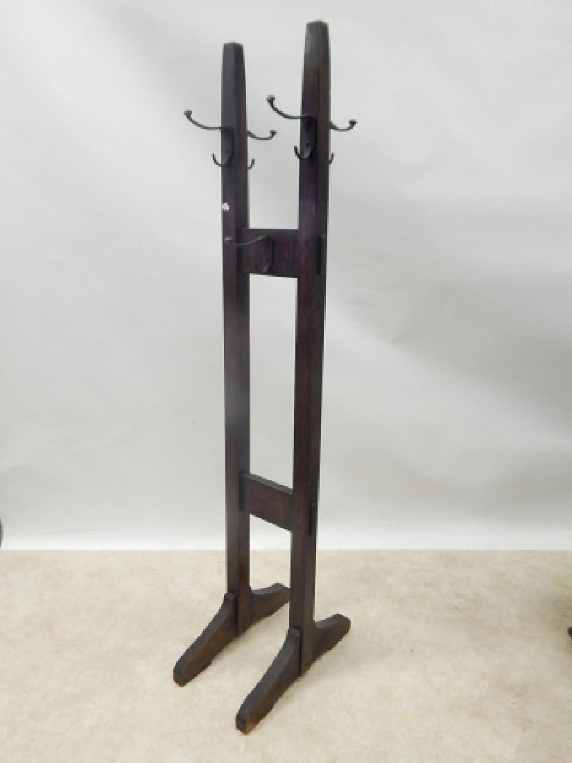 GUSTAV STICKLEY HALL STAND: SIGNED GUSTAV STICKLEY. 73" TALL, 13" WIDE. FINISH WORN ON BOTTOM, MINOR SCUFFS TO WOOD. SPLITTING IN UPRIGHTS.