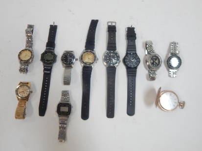 LOT OF WATCHES: WALTHAM, AVIATER, PAUL MARCHAL, PRECISION, SAYCO, TRASER, DOXA, PAUL PORTINUOX, WITH HAMPDON POCKET AND MORE. ALONG WITH COPY ROLEX AND TIE CLIP PINS, MAILMAN BADGE