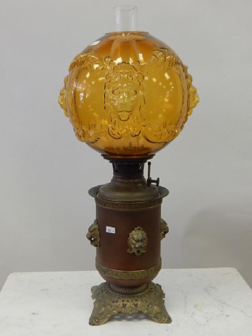 BRASS OIL BANQUET LAMP: 23" TALL. ORIGINAL OIL FONT. CONDITION IS GOOD