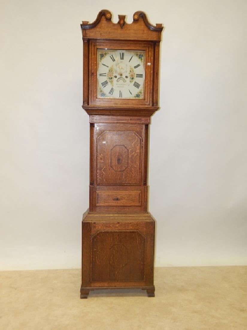 GERMAN GRANDFATHER CLOCK: MISSING TRIM. WORKS ARE AS IS, HAS WEIGHTS AND PENDULUM.