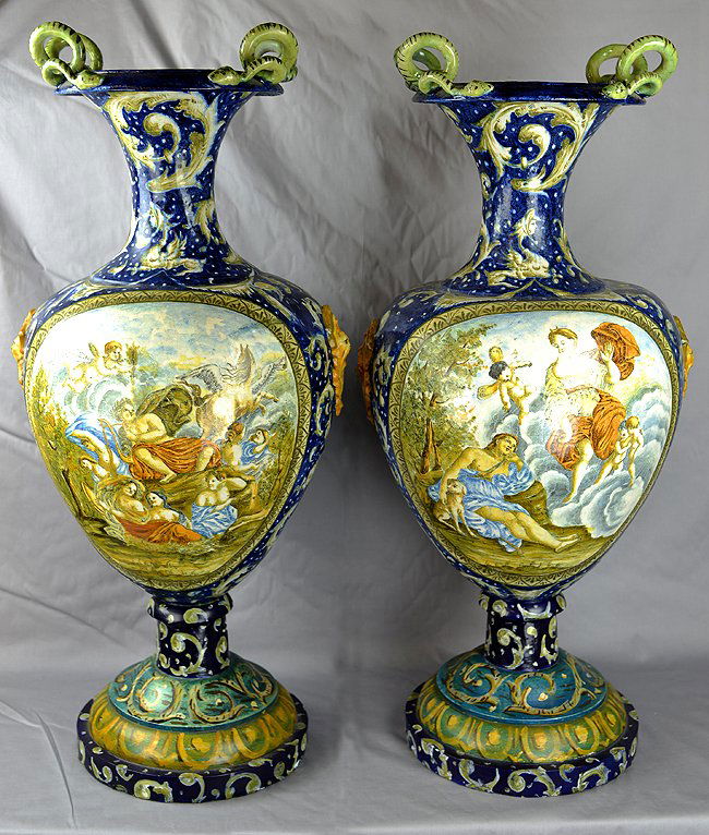 Italian antique large vases: Majalika vases itlian with snake on the top base has been repaired 34"H