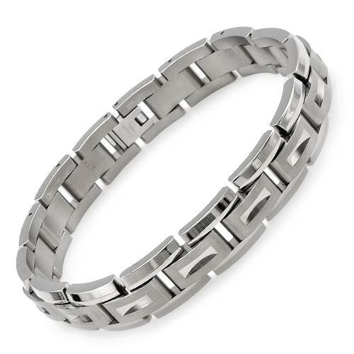 Bracelet: Dazzling gentlemen bracelet made of stainless steel and titanium. Total weight 37.2 G. Length 8 in.