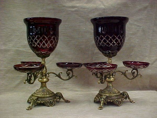PAIR OF FINE RUBY CUT TO CLEAR EPERGNES W/BRONZE: PAIR OF FINE RUBY CUT TO CLEAR EPERGNES W/BRONZE MOUNTINGS 16 3/4''T 14''W EXCELLENT CONDITION