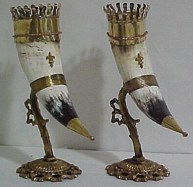 Pr. Horned Epergnes w/brass ornate stand: Pr. Horned Epergnes w/brass ornate stands. Measures: 11"T 10"W Cond. Excellent