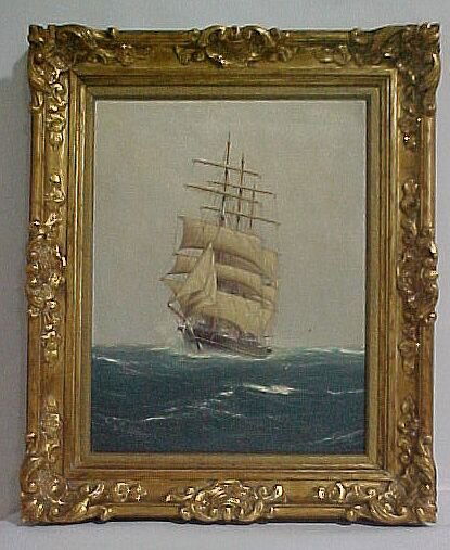 French Oil Painting w/Ship. Measures: 23: French Oil Painting w/Ship. Measures: 23 1/2 x 19 1/2 Cond. Painting Good - Frame has damage