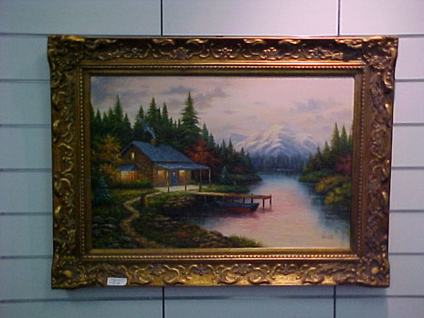 OIL ON CANVAS COPY OF THOMAS KINCADE: OIL ON CANVAS COPY OF THOMAS KINCADE PRINT TOTAL MEASUREMENT INCLUDING FRAME 33"T 46"L