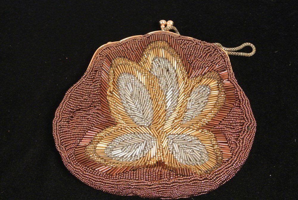 Gold copper tone beaded evening bag: Maker: Hong Kong artisanSize : 7\"x7\"x1\"Strap: 6.5\"