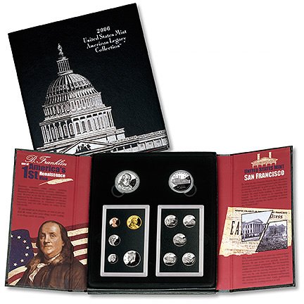 2006 American Legacy Silver Set: Complete 2005 United States American Legacy Collection. This impressive set contains the Franklin Proof Silver dollar, San Francisco Mint Proof Silver Dollar. This set also contains all 5 proof state 