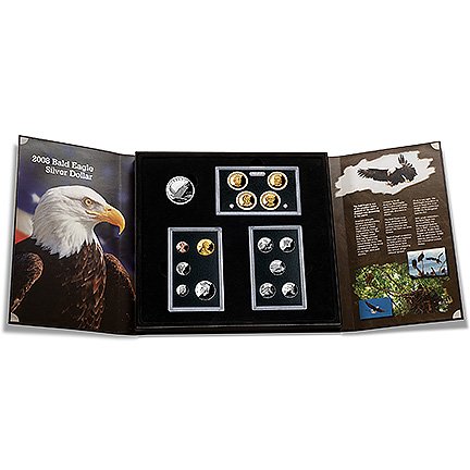 2008 American Legacy Set: Complete 2008 United States American Legacy Collection. This impressive set contains the Bald Eagle Proof Silver dollar. This set also contains all 5 proof state quarters as well as a proof half dolla