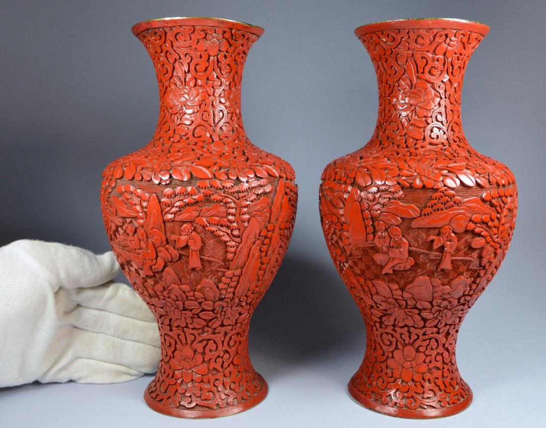 CHINESE QIANLONG LARGE CINNABAR VASES (PR) 19TH C (1 of 7)