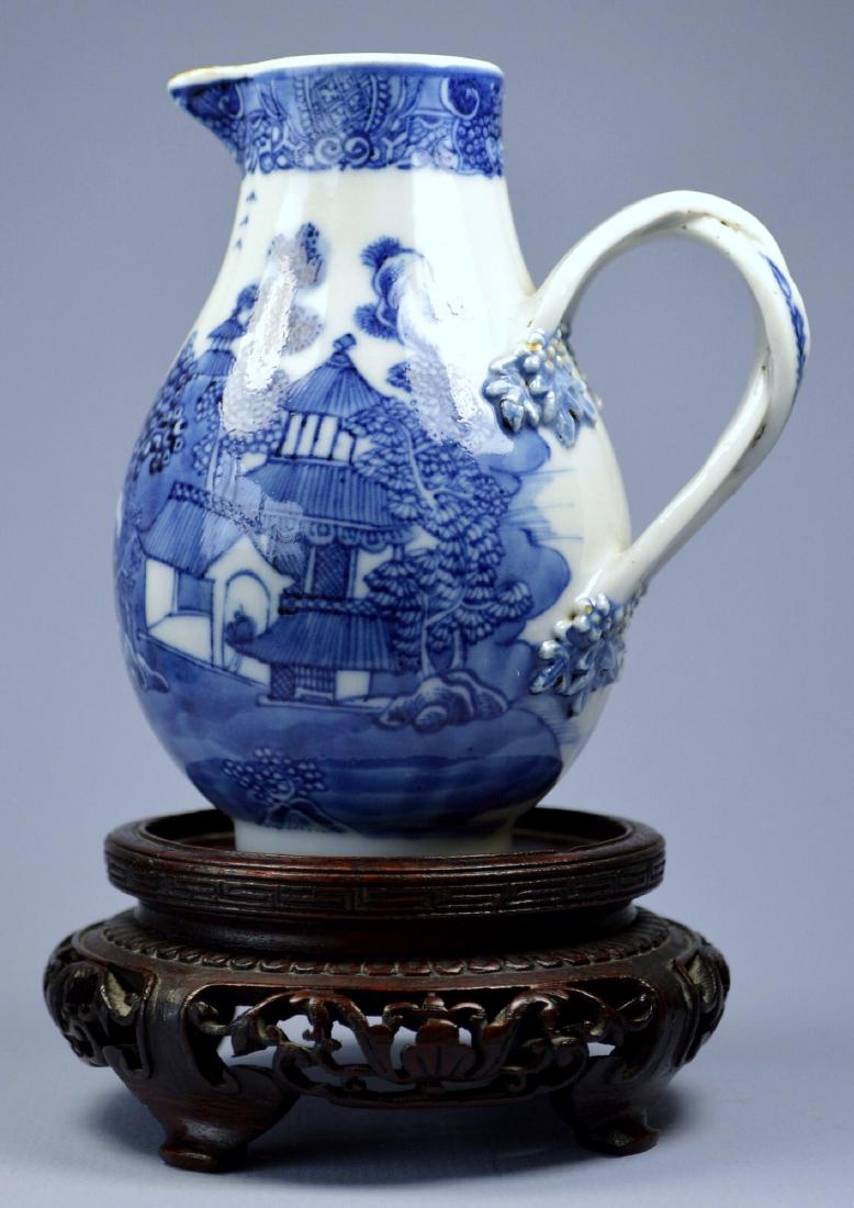 CHINESE 18TH C PORCELAIN MILK BEAKER: A stunning Chinese blue on white underglaze porcelain sparrows beak jug with crossover handle. A fantastic piece decorated with landscapes. In perfect condition. Height: 4.5 inches. Provenance: Privat