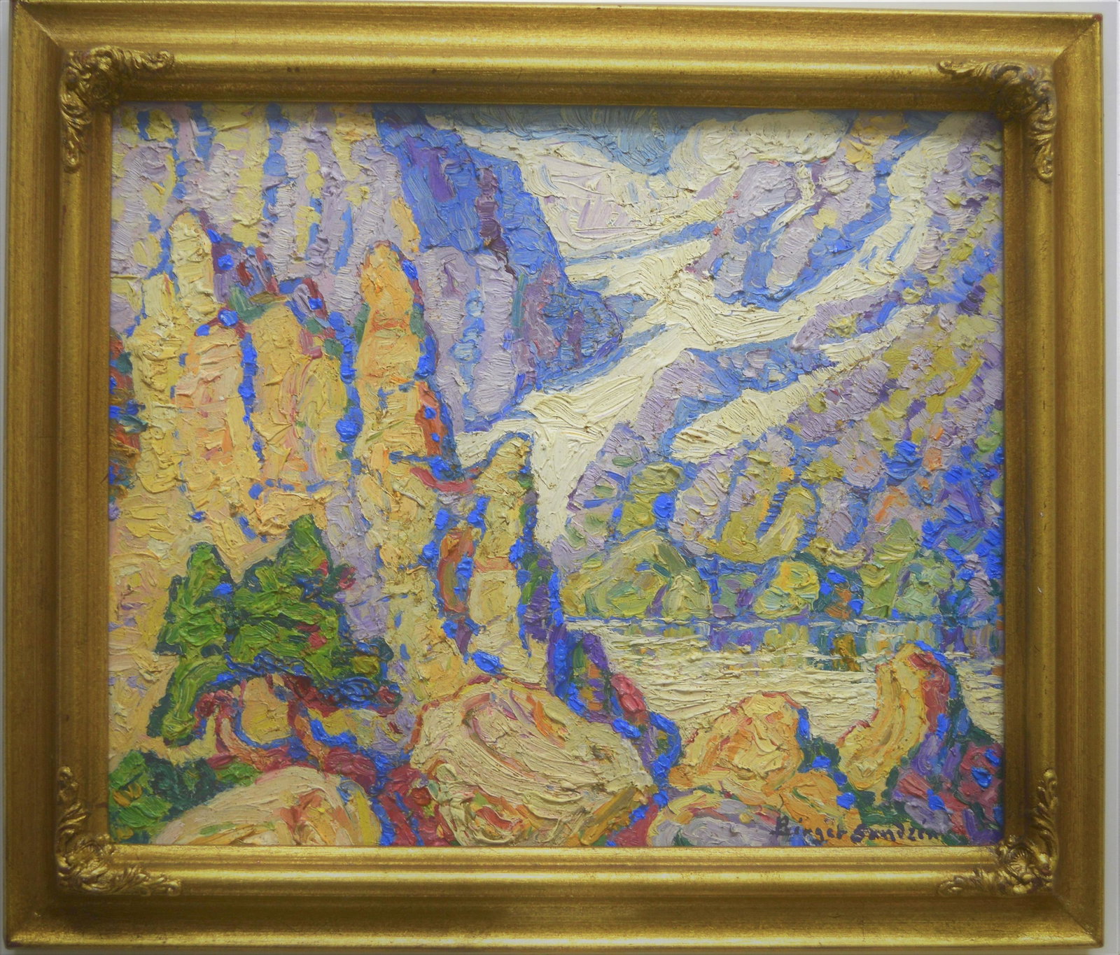BIRGER SANDZEN OIL ON BOARD (ATTR): BIRGER SANDZEN OIL ON BOARD (ATTR). 12 X 10 NET ART SIZE. DEPICTING LAKE IN THE MOUNTAINS?. EXCELLENT CONDITION.