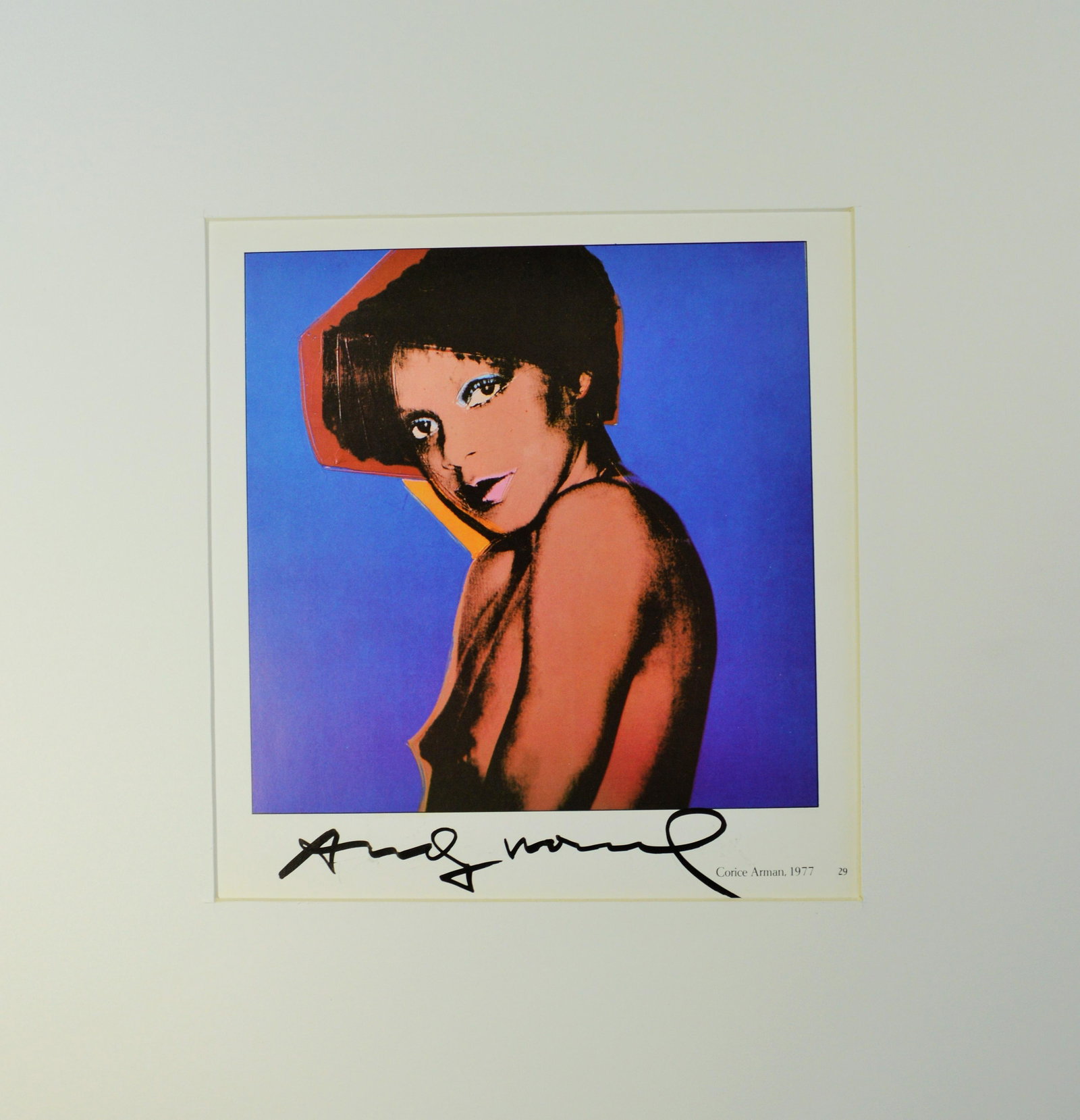 ANDY WARHOL VINTAGE PRINT SIGNED IN INK MARKER: ANDY WARHOL PRINT "CORICE ARMAN" . SIGNED IN INK MARKER. SIZE 8 X 8.5 INCHES APPROX. EXCELLENT CONDITION.