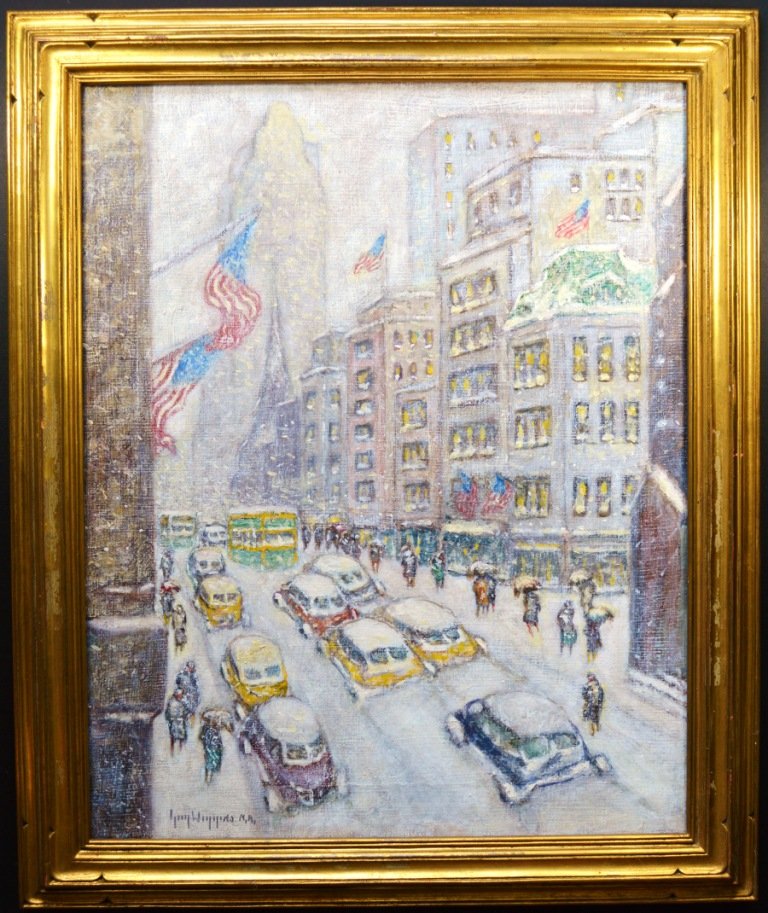 OIL ON CANVAS GUY WIGGINS (Attr.) MIDTOWN WINTER: A stunning oil on canvas "Midtown Winter New York" Guy Wiggins (attr.) very fine condition with period gilt frame, 16 x 20 inches sight. Framed size 21 x 25 inches.