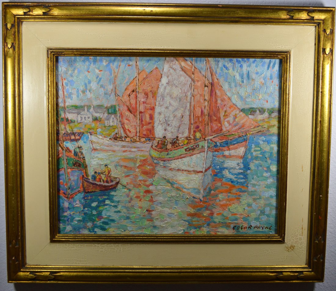 OIL ON PANEL EDGAR PAYNE (Attr): A wonderful oil on panel attr. to Edgar Payne. Depicting sailboats possibly on the French coast of Brittany. Some inscriptions verso May 6 1928? etc. 14.75 W x 12 H inches. Period framed 20.75 x 18 in