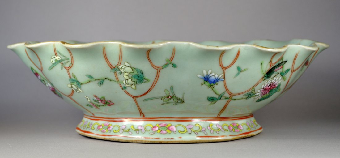 CHINESE LARGE RUFFLE EDGE DAOGUANG PORCELAIN CRICKET: A rare large beautiful Chinese Daoguang porcelain cricket dish or bowl. Designed as a lotus flower with ruffle rim, light celadon in color, marked at base. 11 x 8.5 x 3 inches in size. Excellent condi