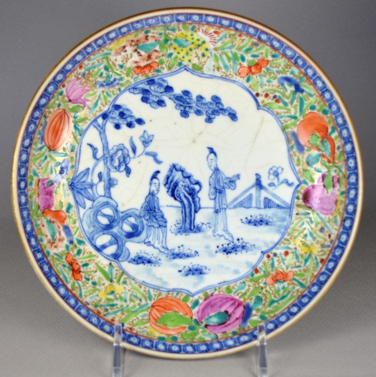 CHINESE EXCEPTIONAL KANGXI PEOPLE PLATE CA 17-18TH C: A fantastic Chinese Kangxi deep dish decorated with scholar medallion, and gourd edge.17th 18th C. Diameter 6.5inches, height: 1.25 inches. Excellent condition for the age. Provenance: Private collect