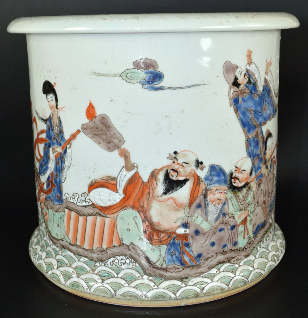 CHINESE LARGE PORCELAIN BRUSH WASHER: A large Chinese porcelain brush washer, decorated with seven gods crossing the stormy waters, 8 inches diameter, 7 inches tall. Probably 19th C. Excellent condition. Provenance: Private collection, Co