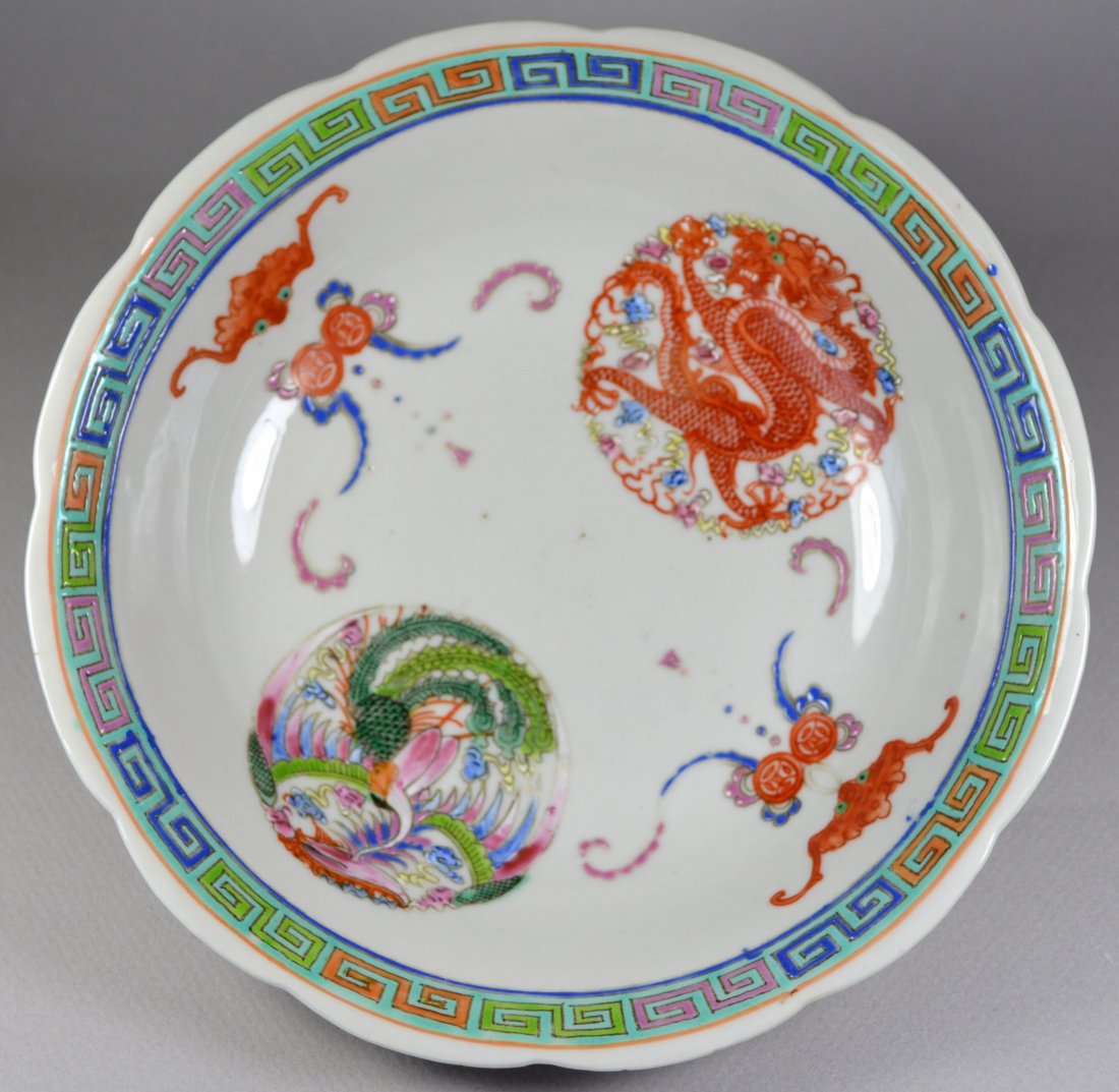 CHINESE DRAGON AND BAT PORCELAIN BOWL 19TH C: A superb Chinese dragon and bat porcelain bowl. Diameter 7.25 inch, height 2.25 inch. Qing qianlong marks but, circa 19th C. Excellent condition.From a well-known Hong Kong based collector's estate, C